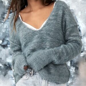 Free People Serendipity Sweater Storm Combo Oversized V-Neck Soft Furry Sz Small